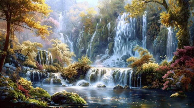 Magical forest journey with waterfalls, where fairy tales come alive.