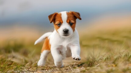 Playful puppy joyfully running on lush green grass, adorable pet enjoying outdoor playtime