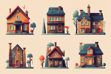 Set of houses.Cartoon house. Real estate for sale. A new two-story house with an attic.