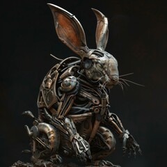 A detailed sculpture of a rabbit made in a steampunk style, with intricate mechanical components and dark, moody background