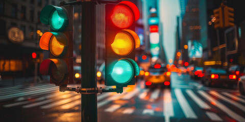 A traffic light with red, yellow and green lights in the city. Close-up of a traffic light on street.banner
