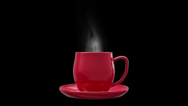 Coffee Cup with natural steam smoke animation seamless loop. Red ceramic coffee cup on black background and Green screen. 3d Render.