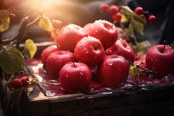 a group of red apples on a wooden surface