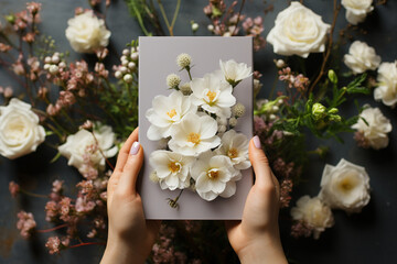 wedding bouquet of flowers Beautiful hands holding a blank greeting card vertically in a mockup - obrazy, fototapety, plakaty