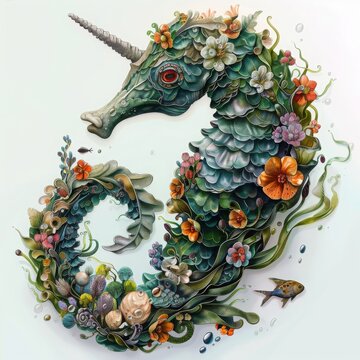 Beautiful sea horse made of wildflowers in fantasy style. Colorful illustration of octopus monster in an original floral style with dewdrops, spring flowers on white background.