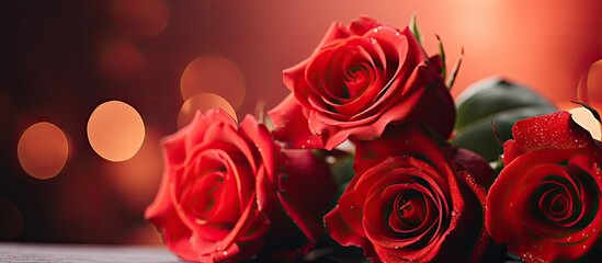 A bunch of roses placed on a table against a vivid red background