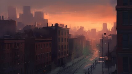 Fototapeta na wymiar An artistic depiction of a hazy cityscape at dusk, with soft light reflecting off building windows and empty streets suggesting quiet urban solitude