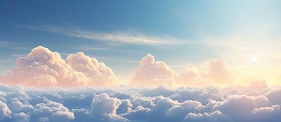 The image features a scenic view of the sky filled with fluffy clouds and the sun shining brightly - obrazy, fototapety, plakaty