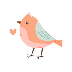 Cute bird with a heart on a white background, spring illustration, children's style, flat