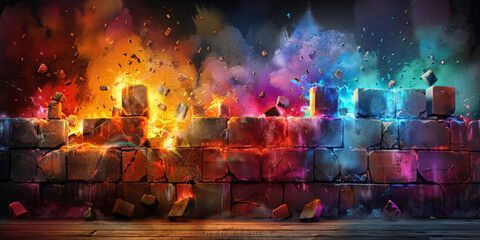  broken wall with colorful blocks on Graffiti brick wall background, banner