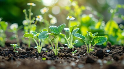 A gardener tends to young plants in a sunny spring garden, preparing soil and planting seedlings to cultivate a homegrown food crop.