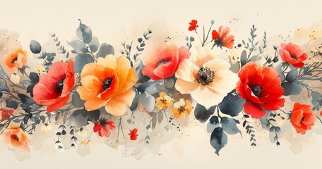 Vibrant watercolor painting of red and orange poppies blooming on a light beige background