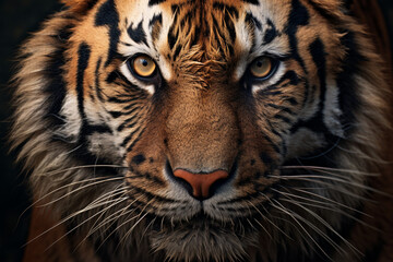 Obraz premium Hyper-real close-up of a tiger's face, refined with feathering brushstrokes for smooth transitions сreated with Generative Ai
