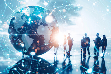 Fototapeta na wymiar Silhouetted business figures on blue global network background
