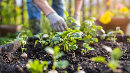 A gardener tends to young plants in a sunny spring garden, preparing soil and planting seedlings to cultivate a homegrown food crop.