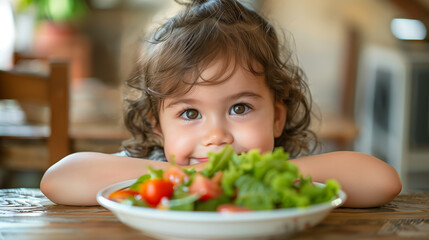 A smiling child looking at camera, with a bowl of green salad in foreground, indoors. Healthy eating concept. Generative AI