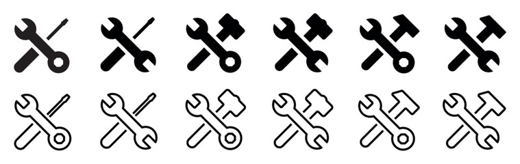 Set of repair and service icons, tool icons. Silhouettes wrench, screwdriver,sledgehammer and a hammer. Repair,construction. Tools vector isolated on a white background.