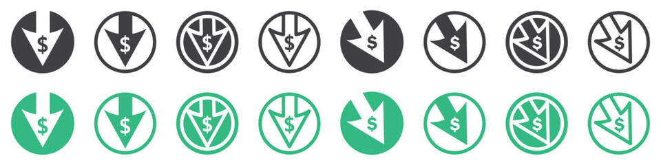 Set of cost reduction icon. Dollar down icon, dollar decrease. Cost price low, vector.
