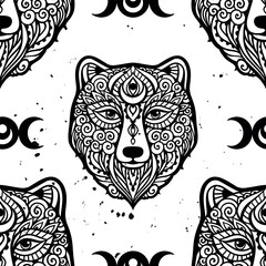 Bear mandala ornament pattern. Vector illustration. Flower Ethnic drawing. Bear animal nature in Zen boho style. Coloring page black and white - 763935556