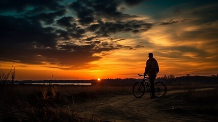 A lone cyclist pauses on a rural trail, silhouetted against a breathtaking sunset sky, reflecting on the journey in the quiet of twilight