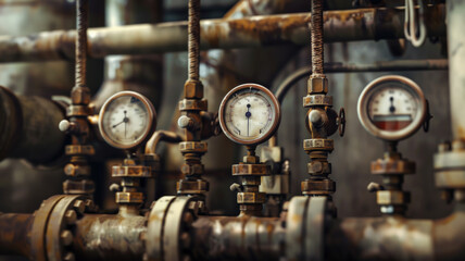 A network of rustic pressure gauges arrays an intricate dance of engineering and pressure. - obrazy, fototapety, plakaty