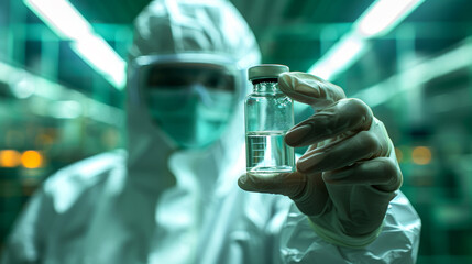 A man in protective suit and mask holding a vial in a laboratory setting. Healthcare and research concept. Generative AI
