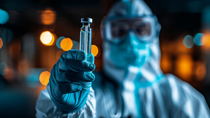 Scientist in a lab suit holding a vaccine ampule, with a blurred background. Healthcare and medicine concept. Generative AI