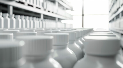 Perspective view of white bottles lined up in rows, converging towards bright light.