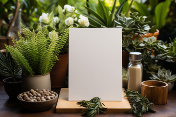 blank notebook with herbs and spices Beautiful hands holding a blank greeting card vertically in a mockup - obrazy, fototapety, plakaty