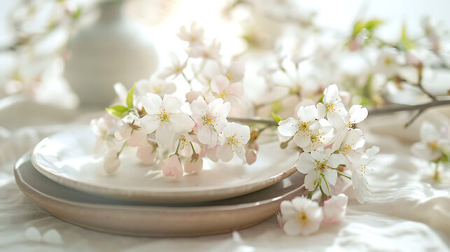 A spring-themed table setting, a plate adorned with delicate white cherry flower, Easter table setting, Good Friday 