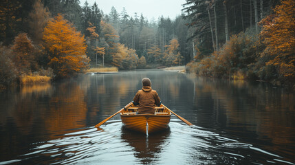 Man rowing a wooden boat on a calm river, surrounded by an autumn forest. Photography style on serene background. Travel and relaxation concept. Generative AI - obrazy, fototapety, plakaty