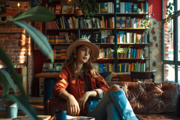 A woman wearing a hat is relaxing on a couch in front of a bookcase filled with publications. She appears to be enjoying some leisure time surrounded by art and books - 763936143