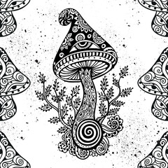 Magic Mushrooms mandala. Psychedelic pattern. Vector illustration. Zen Boho art. Decorative mushrooms, hippie, hallucination psilocybin 60s 70s - 763936193