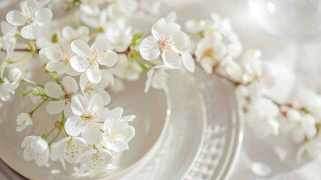 A spring-themed table setting, a plate adorned with delicate white cherry flower, Easter table setting