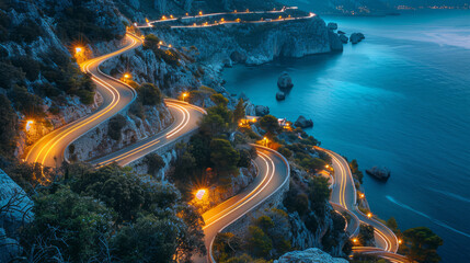 Serpentine mountain road illuminated at night with a view of the sea. Landscape and travel concept. Generative AI
