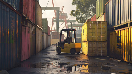 A forklift weaves its way through a maze of cargo containers in a bustling industrial port setting.