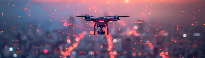 A high-tech drone flies with network connection lines illuminated against the backdrop of a city's evening sky. - obrazy, fototapety, plakaty