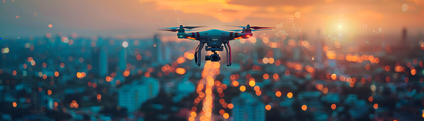 A camera-equipped drone hovers over a busy city street, capturing the stretch of evening traffic lights in the distance.