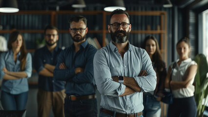 Fototapeta na wymiar Confident leader stands with arms crossed among his team in a modern co-working space.
