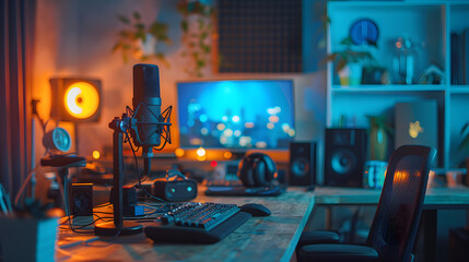 A contemporary home studio setup awaits a music recording session, with a condenser microphone, headphones, and ambient lighting.
