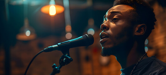 Intense expression of a male singer performing live, the emotion captured as he sings into a microphone in a warm, ambient setting. - obrazy, fototapety, plakaty