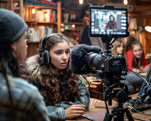 A young female filmmaker with headphones attentively directs a scene, captured on camera with a focused crew in the background.