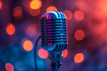 Vintage-style microphone against a backdrop of vibrant bokeh lights, highlighting a classic design with modern flair.
