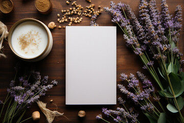 frame with lavender Beautiful hands holding a blank greeting card vertically in a mockup