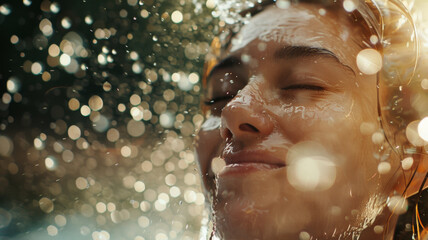 Close-up of woman's face, delightfully drenched and beaming with sun-kissed raindrops.