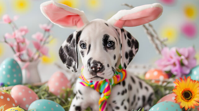 Dalmatian puppy dressed in Easter-themed attire with easter decoration