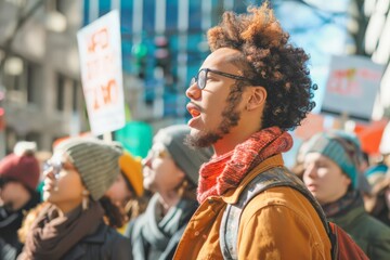 Passionate African American man protesting at a street rally with a blur of signs and crowd. - obrazy, fototapety, plakaty