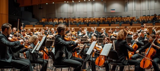 Symphonic orchestra performing classical music concert on stage with professional musicians