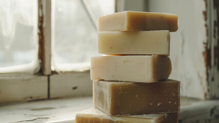 Handcrafted soap bars stacked in a serene window light. - obrazy, fototapety, plakaty