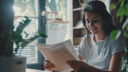 A focused woman engrossed in reading a document with natural light spilling in.